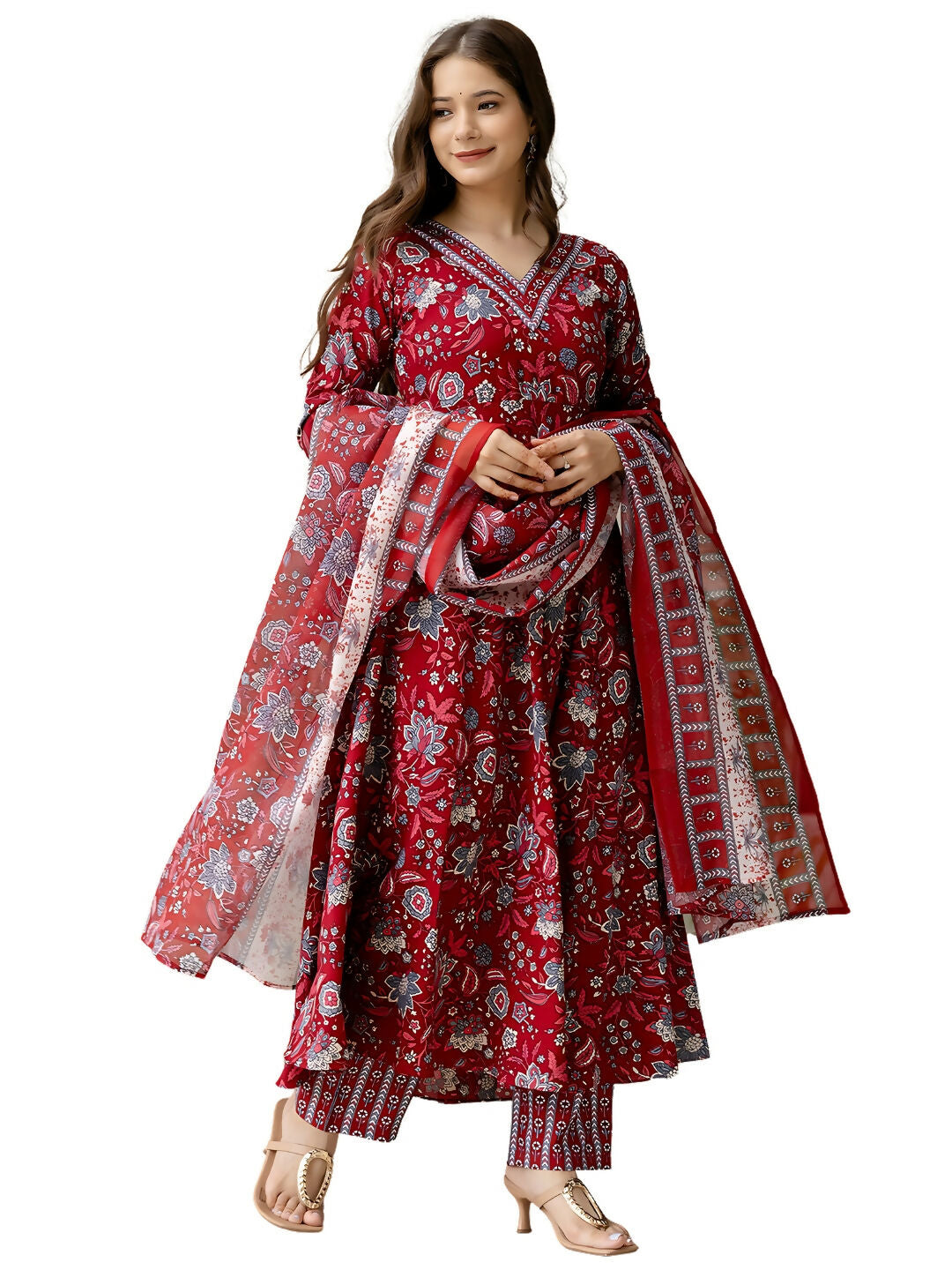 The52 Maroon Women's Gorgeous Rayon Fabric Printed Work Flared Kurta, Pant and Dupatta Set - Swadesiicart