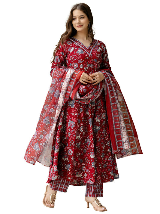 The52 Maroon Women's Gorgeous Rayon Fabric Printed Work Flared Kurta, Pant and Dupatta Set - Swadesiicart