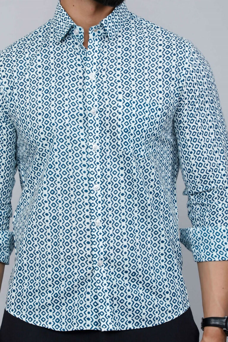 Miravan Men's White & Blue Premium Cotton Floral Print Casual Shirt | Swadesiicart