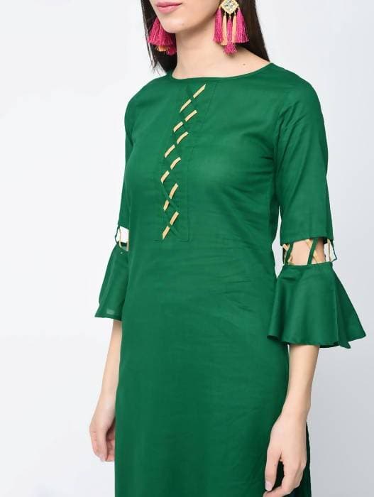 Aniyah Cotton Criss Cross Bell Sleeves Straight Thick Green Kurta (AN-101K) - Swadesiicart