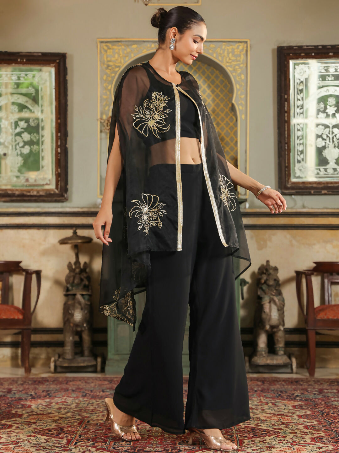 Janasya Black Georgette Solid Top Bottom Cape | Swadesiicart