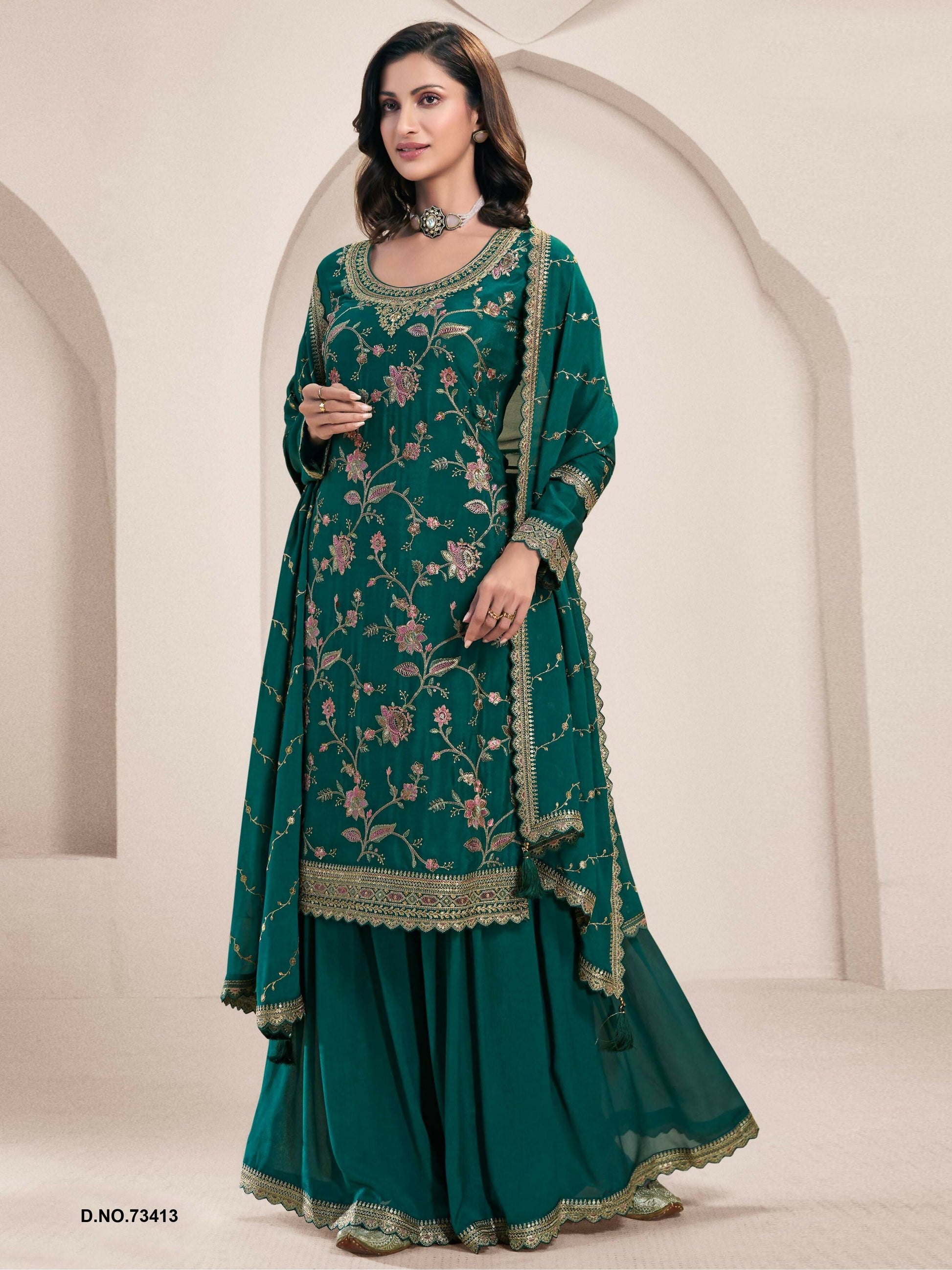 Anaita Green Heavy Chinon With Embroidery Sharara Suit (bottom Stitched)