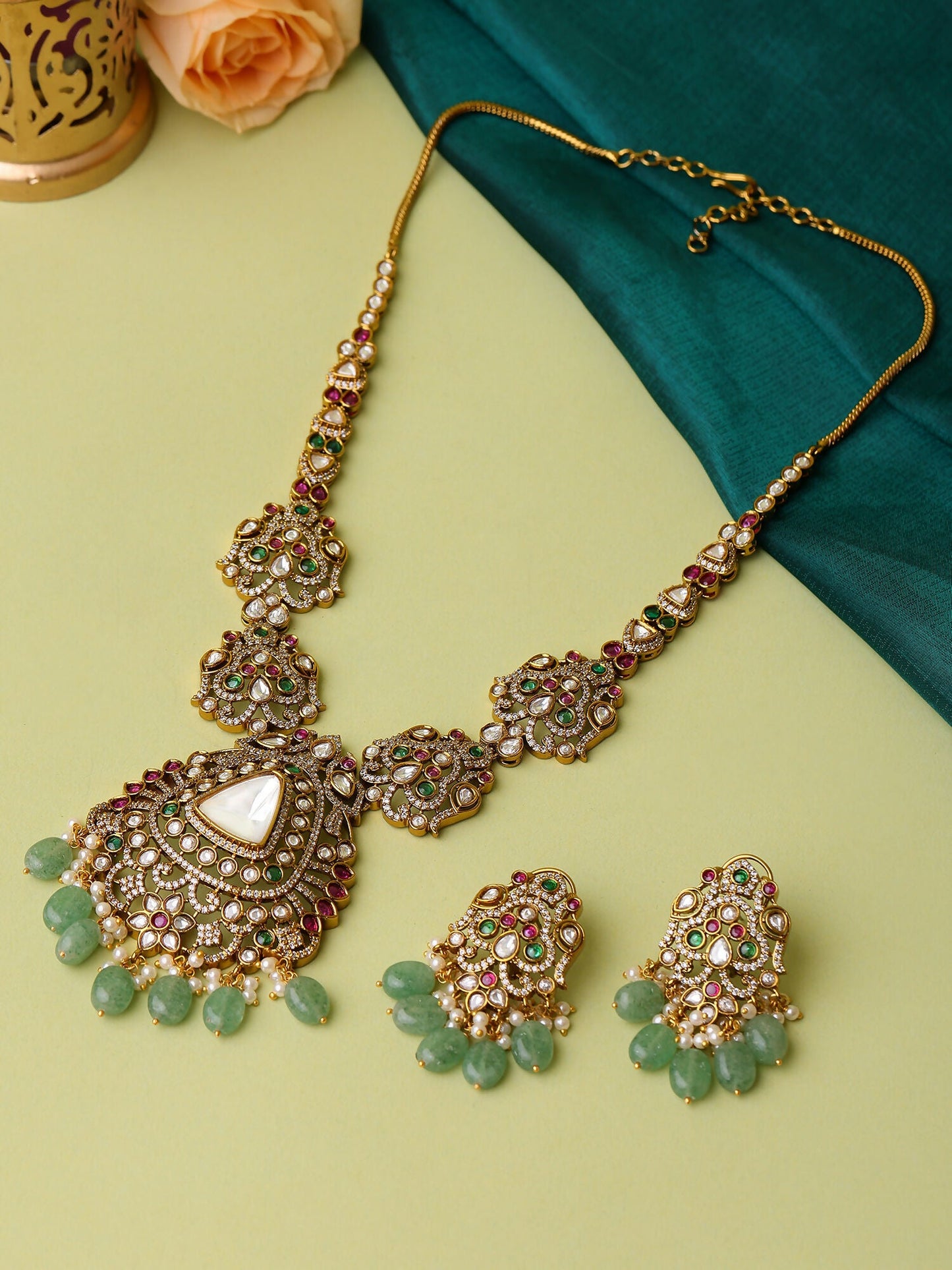 Ruby Raang 22k Gold Polished Long Kundan Heavy Maharani Necklace With Earrings | Swadesiicart