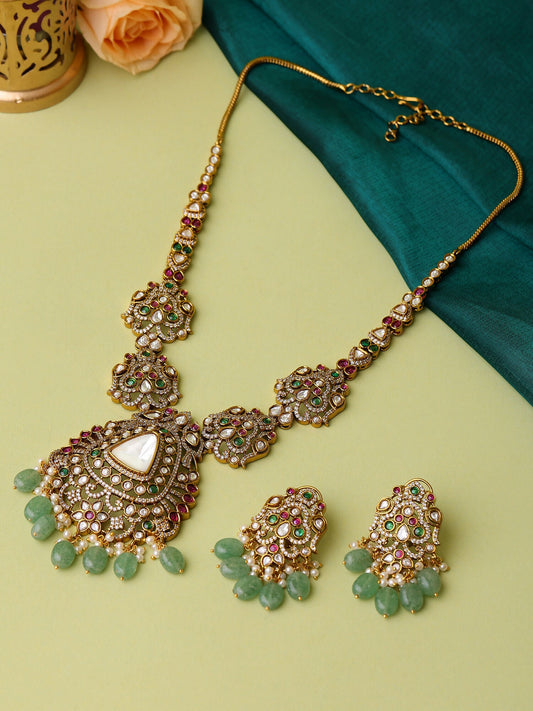 Ruby Raang 22k Gold Polished Long Kundan Heavy Maharani Necklace With Earrings | Swadesiicart