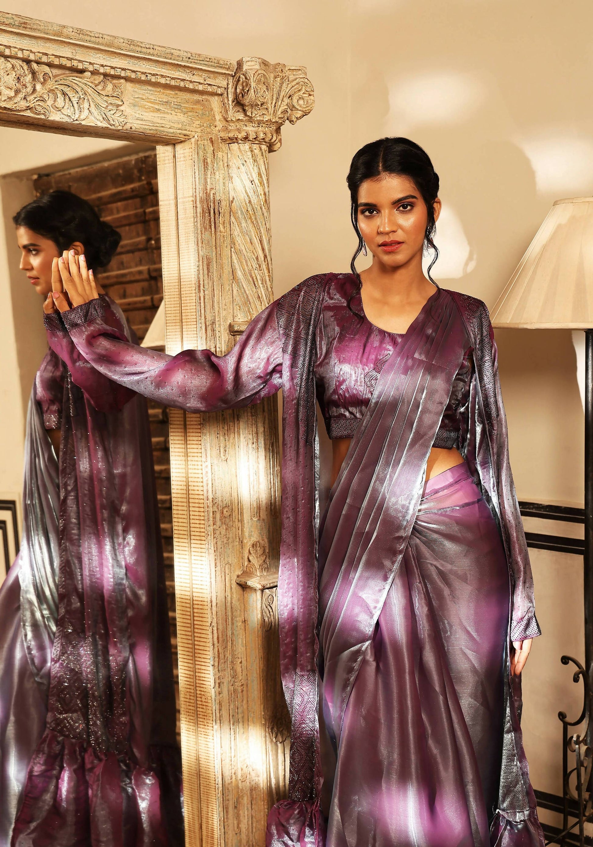Lavender Tom Silk Plain Ready To Wear Saree With Stitched Blouse - Satiksha | Swadesiicart