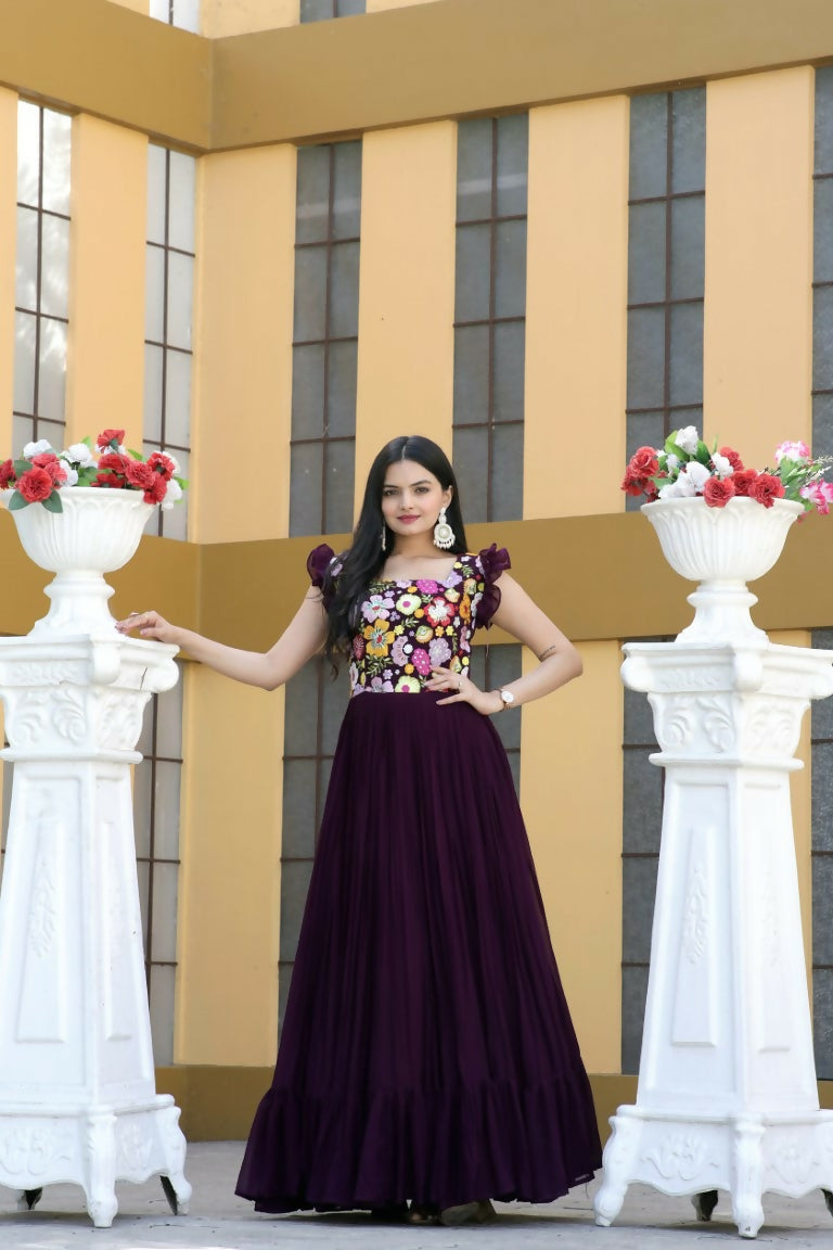 Jyoti Fashion Women's Wine Sequins Thread Embroidery Faux Blooming Anarkali Dress | Swadesiicart