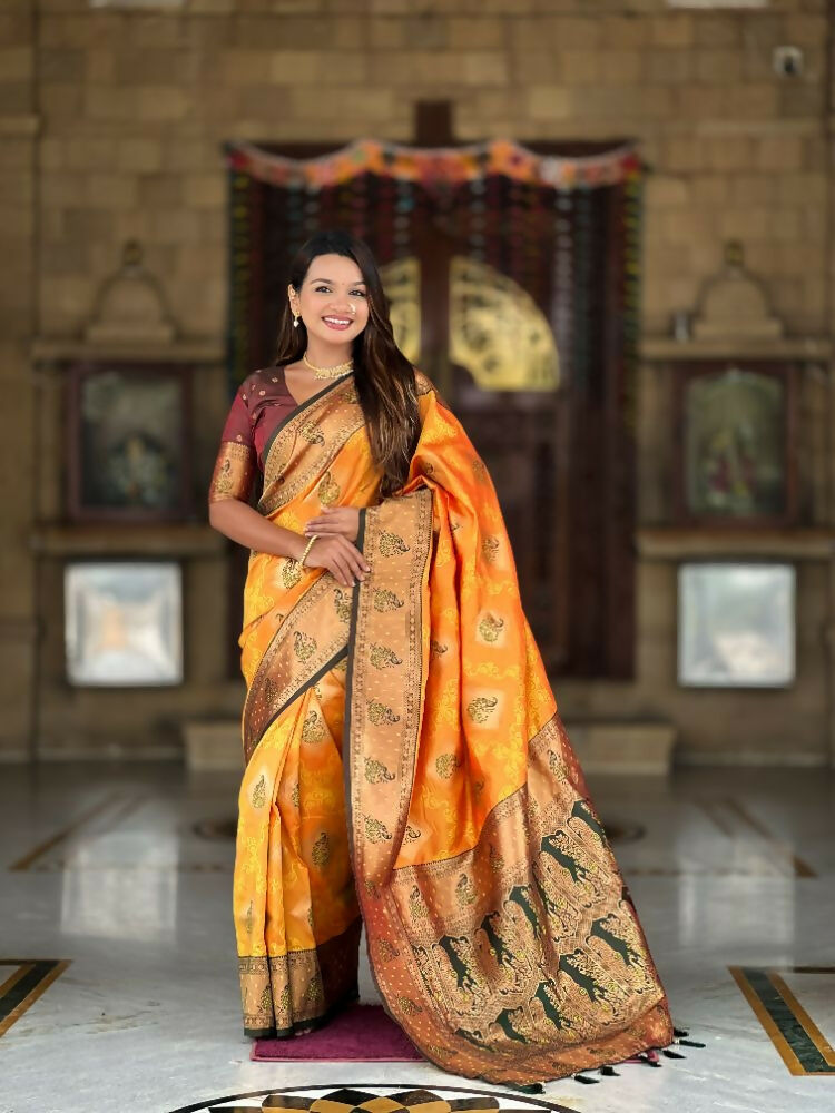 PR Fashion Mustard Orange Soft Banarasi Silk With Zari Weaving Meenakari Design Saree | Swadesiicart