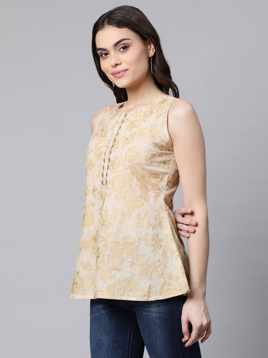 Ahalyaa Women Beige Cotton Gold Printed Tunic | Swadesiicart