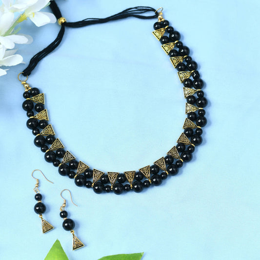 Mominos Fashion Johar Kamal Gold-Polished Brass Finish Pearls Work Choker For Women (Black) | Swadesiicart