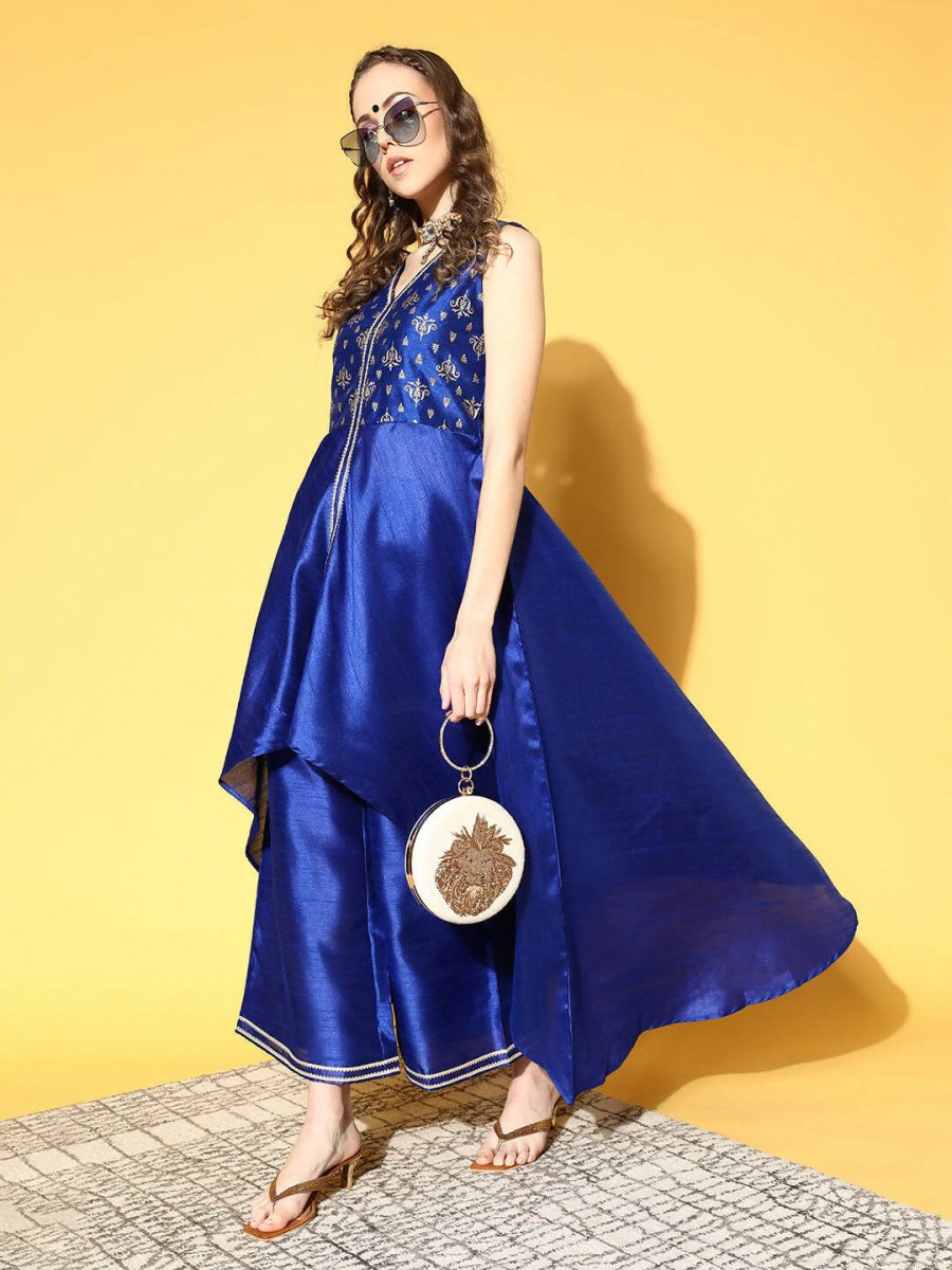 Ahalyaa Women Royal Blue Colour Poly Silk Printed Kurta Palazzo Set | Swadesiicart