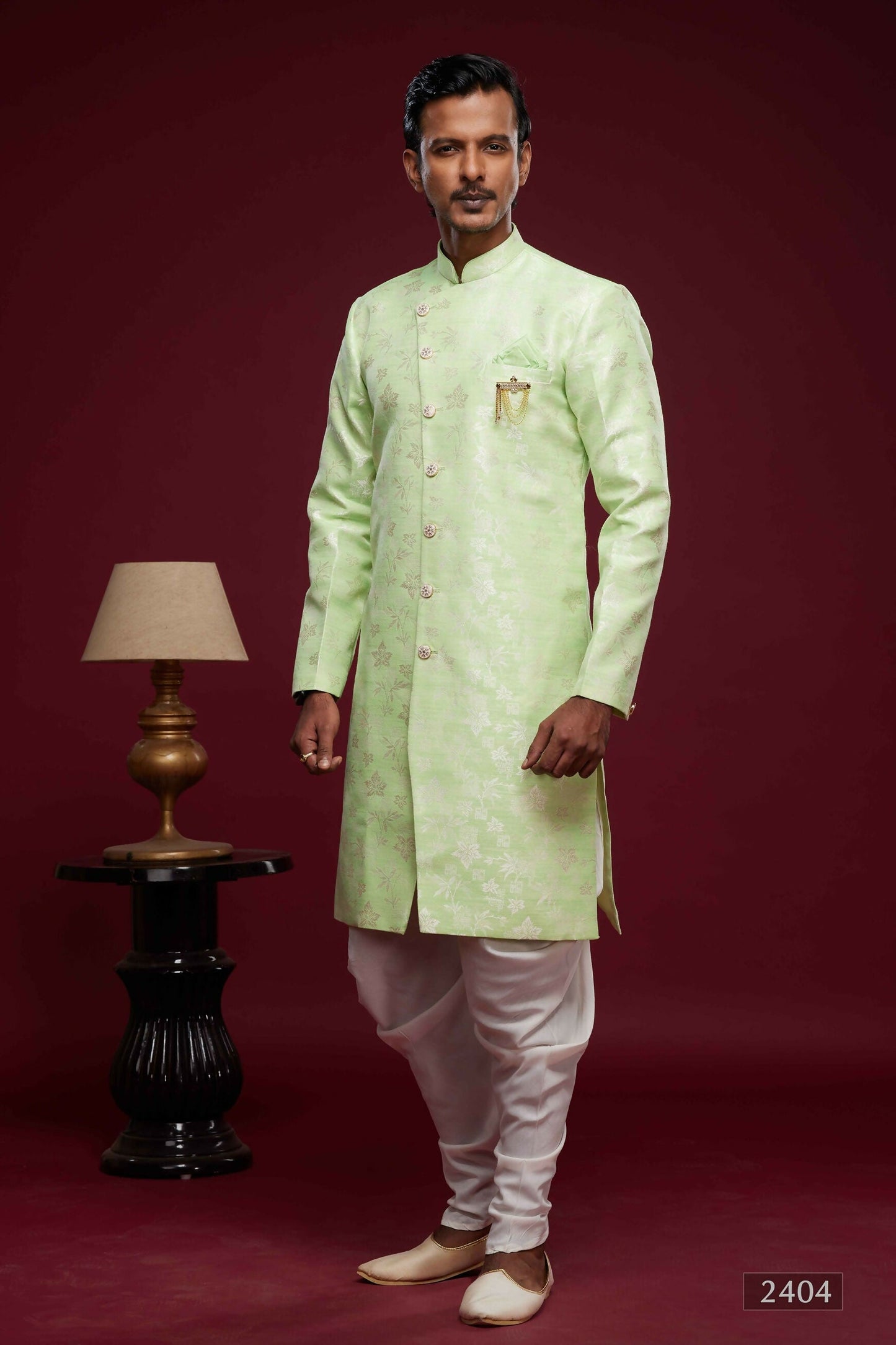 Raivat Ethnic Banarasi Jacquard Embroidery Semi Indo Western Sherwani In Pista Green Colour | Swadesiicart