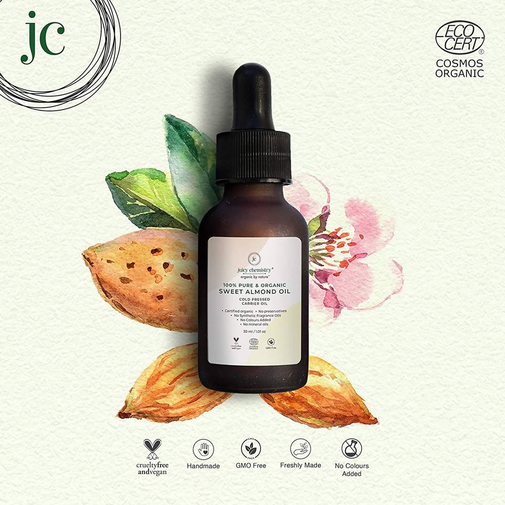Juicy Chemistry Pure & Organic Sweet Almond Oil For Cold Pressed Carrier Oil - Limited Time Offer - Swadesiicart