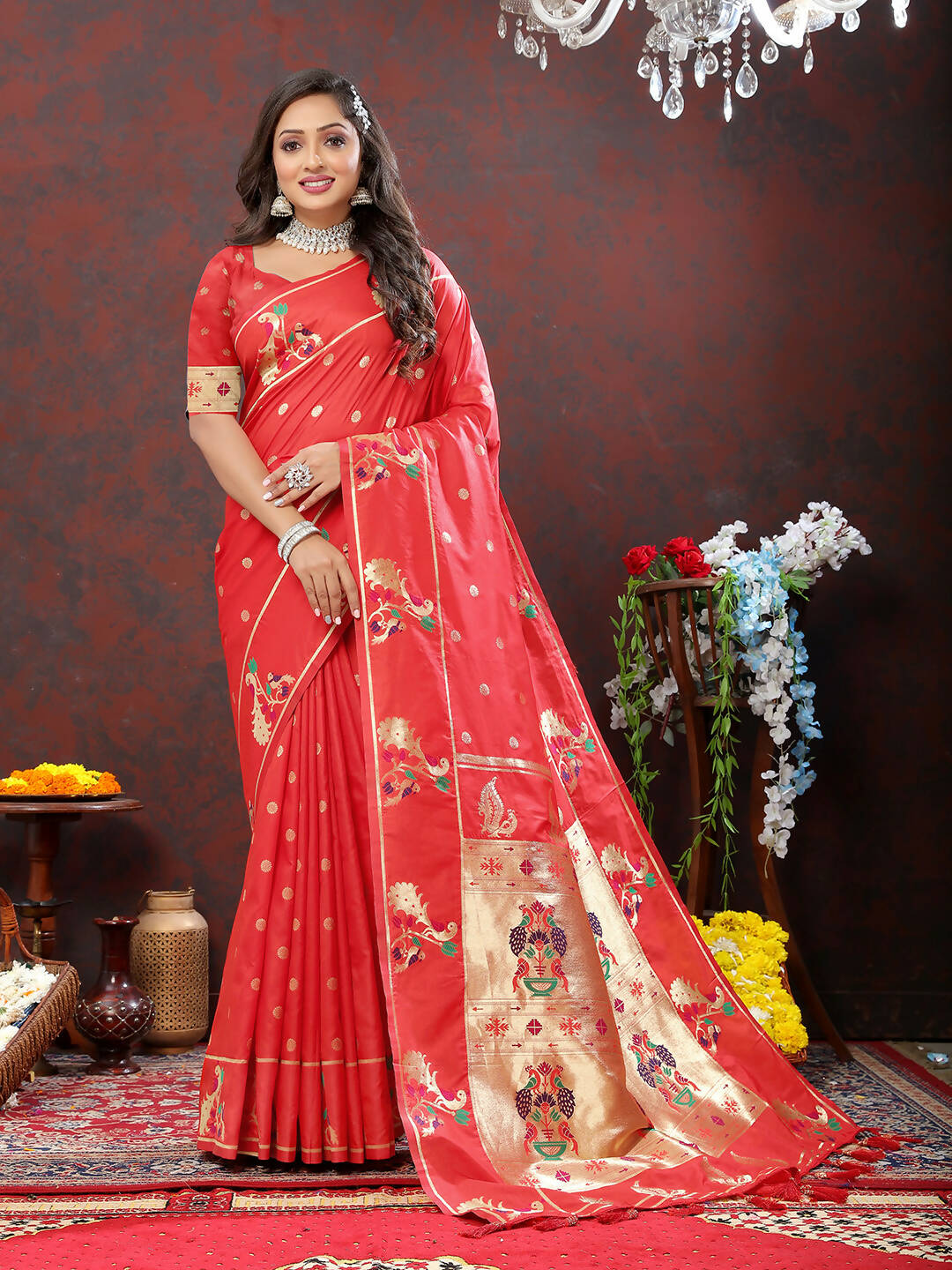 Lorenvalley Fashion Red Soft Paithani Silk Woven Design Gold Zari Meenakari Weaving Saree - Swadesiicart