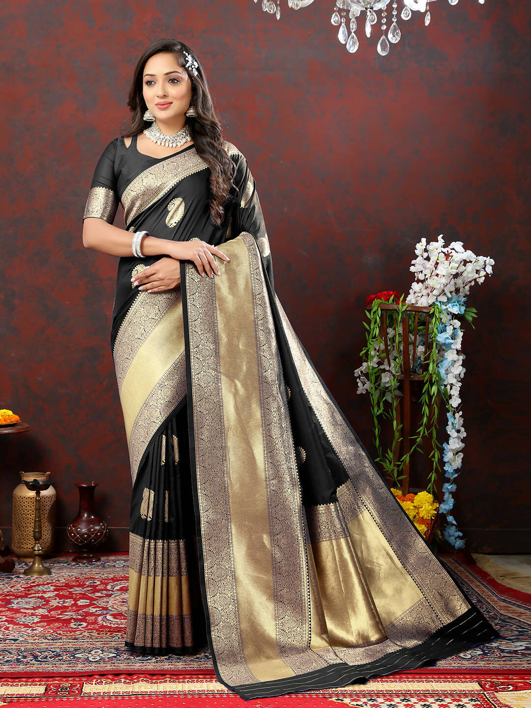 Lorenvalley Fashion Black Soft Silk Woven Design Gold Zari Weaving Saree - Swadesiicart