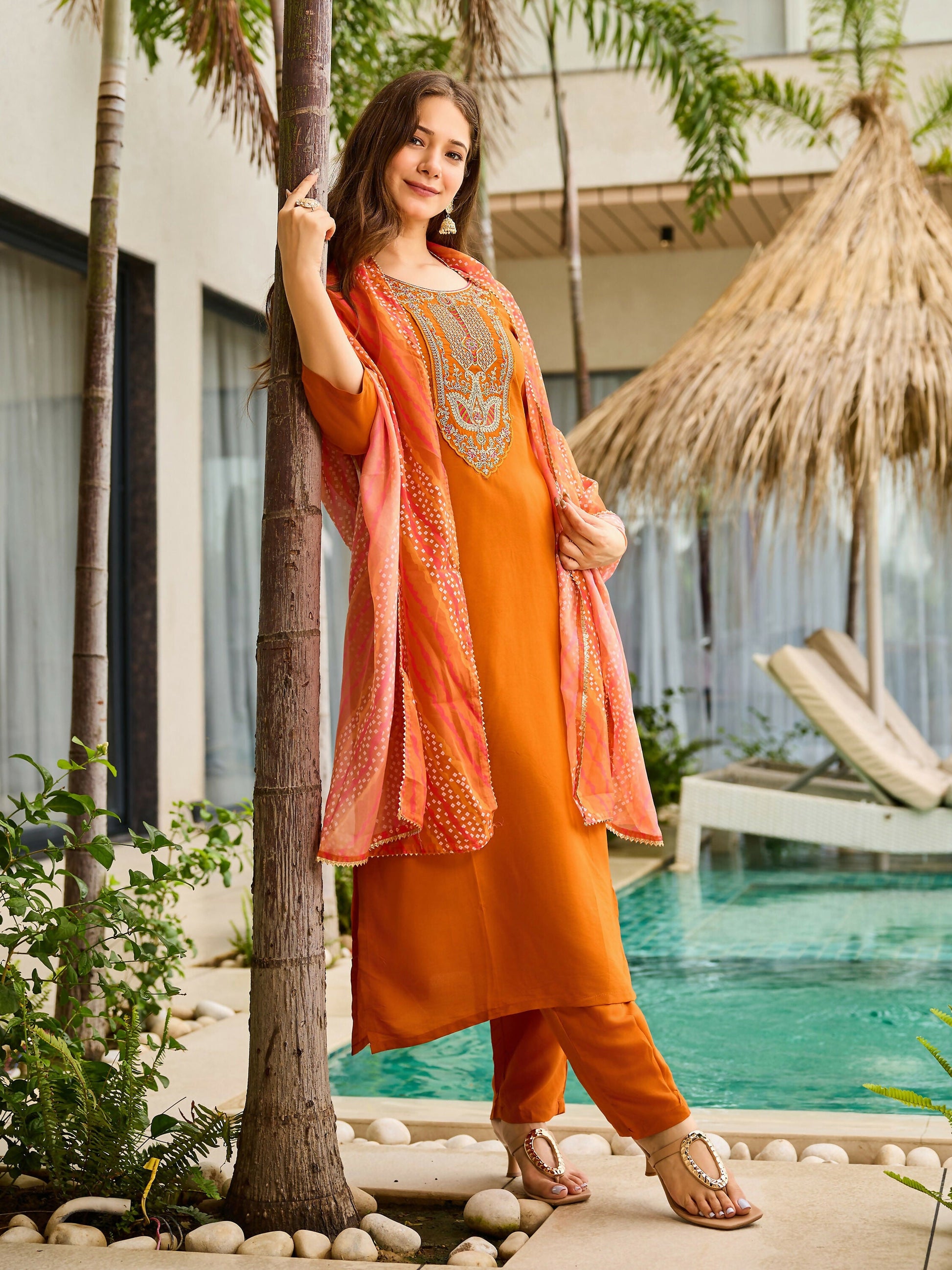The52 Rust Women's Gorgeous Embroidered work Rayon Fabric Straight Kurta, Pant and Dupatta Set - Swadesiicart