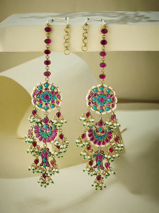 Nuyug 22K Gold-Plated Kundan Studded & Pearl Beaded Crescent Shaped Kanauti Earrings | Swadesiicart