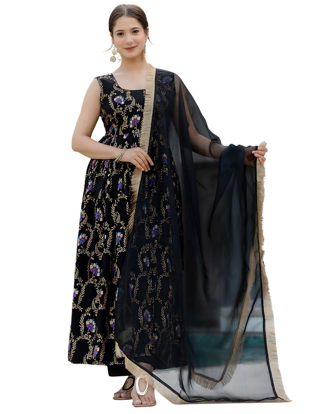 The52 Black Women's Gorgeous Printed Muslin Fabric Flared Kurta Pant and Dupatta Set - Swadesiicart
