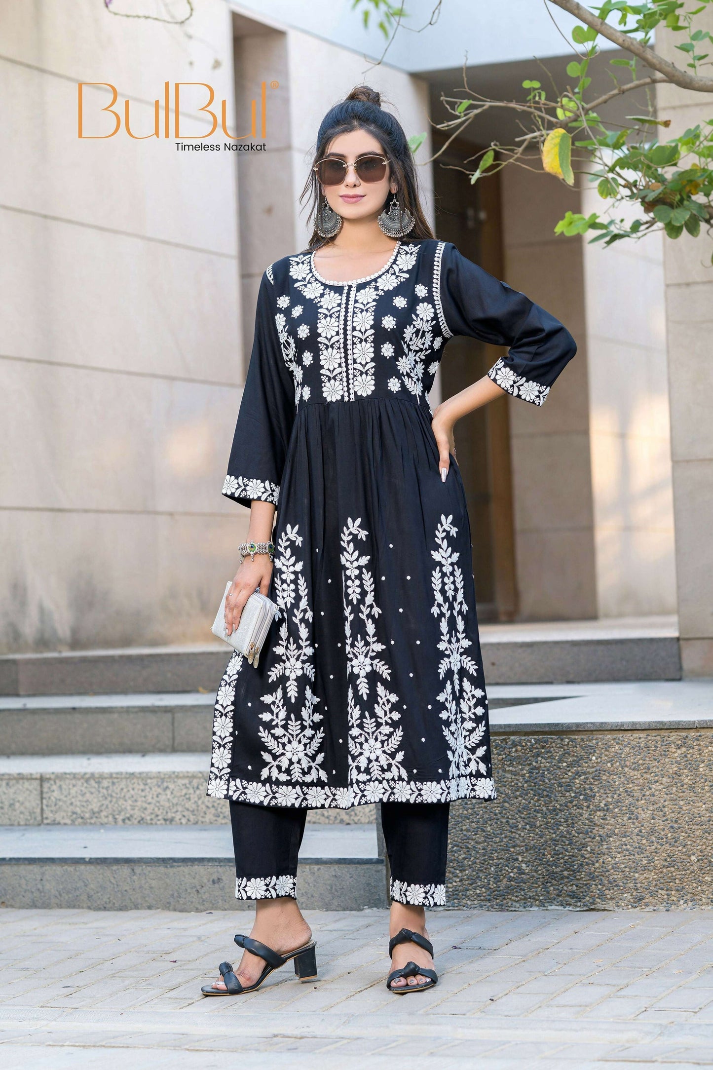 BulBul Arushi Black Rayon Kurta Set with Lucknowi Work - Swadesiicart