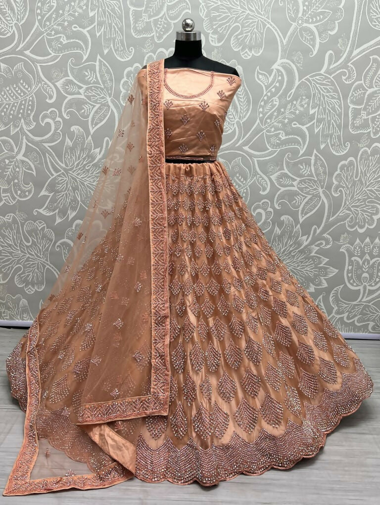 Jyoti Fashion Women's Peach Bridal Net Fancy Dori & Multi Thread Embroidered with Zircon Diamond Work Wedding Lehenga Choli | Swadesiicart