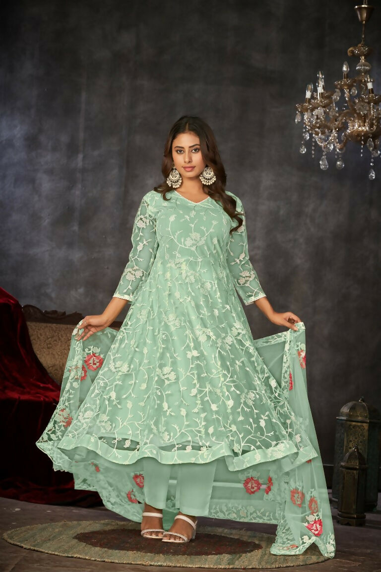 Jyoti Fashion Women's Sea Green Net Embroidered Anarkali Kurta Pant Set With Dupatta | Swadesiicart