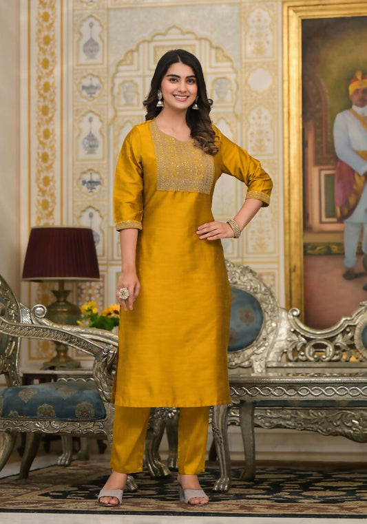 Partywear Designer Musted Yellow Poly Silk fabric Stitched Suit With Dupatta - Tanisha | Swadesiicart