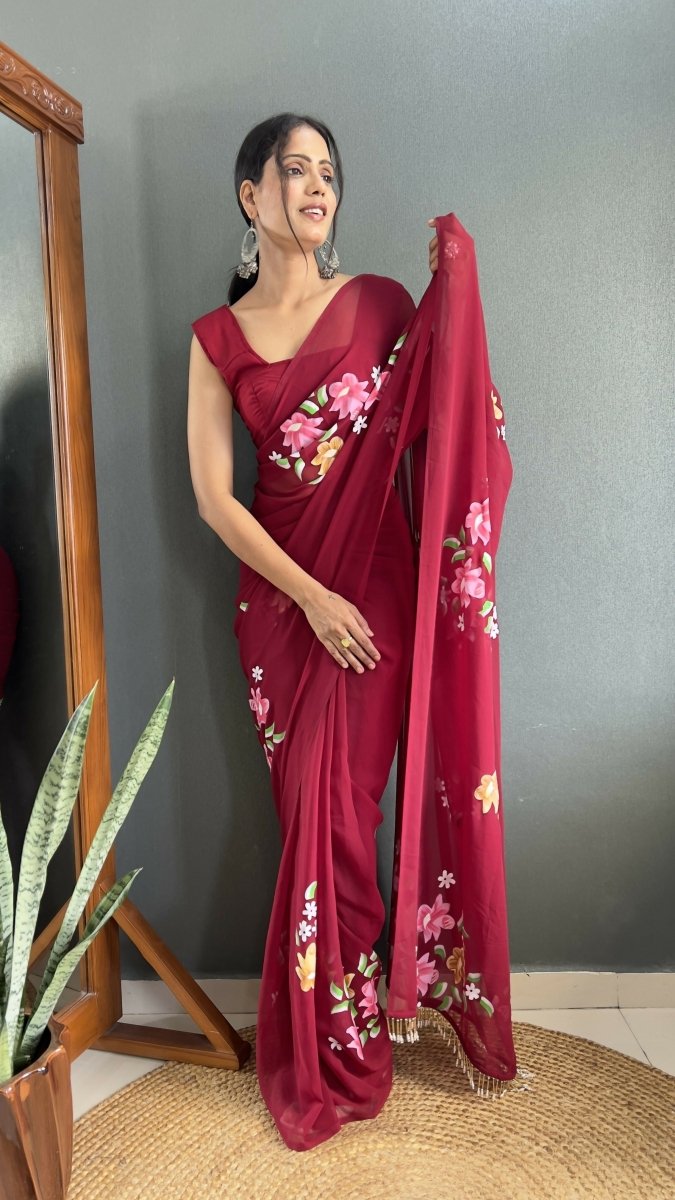 Aayaa Designer 1 min Hand Painted Ready to Wear saree - Maroon | Swadesiicart