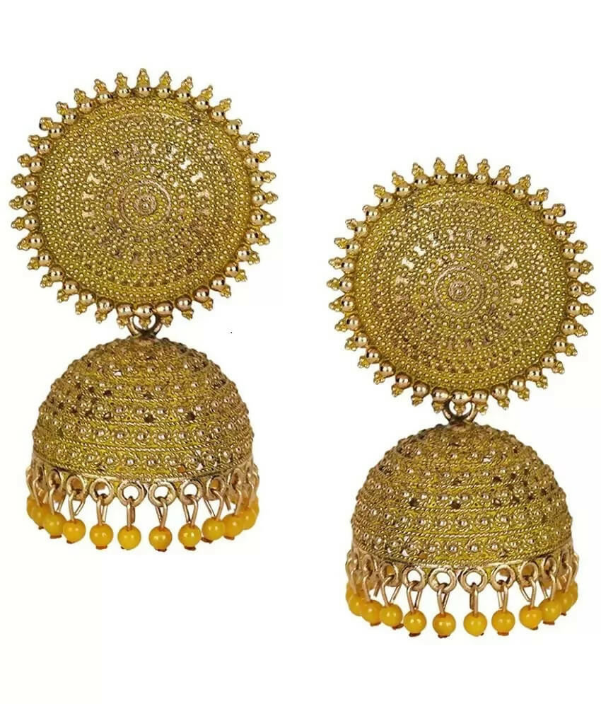 Mominos Fashion Joharkamal Gold-Polished Meenakari Jhumkas For Women & Girls (Yellow) - Mominos Fashion