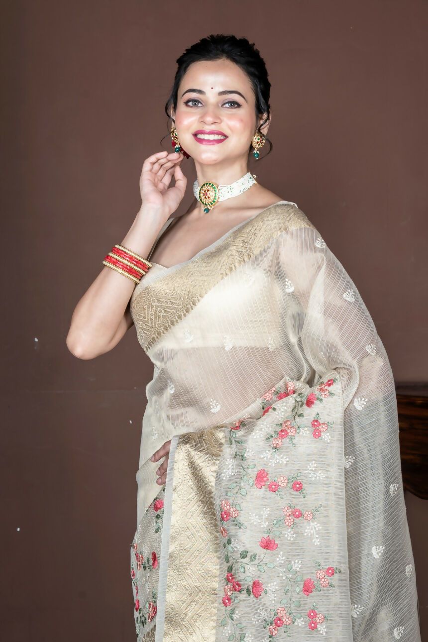Morchari Beige Banarasi Tissue Computer Embroidery Saree Unstitched Blouse | Swadesiicart