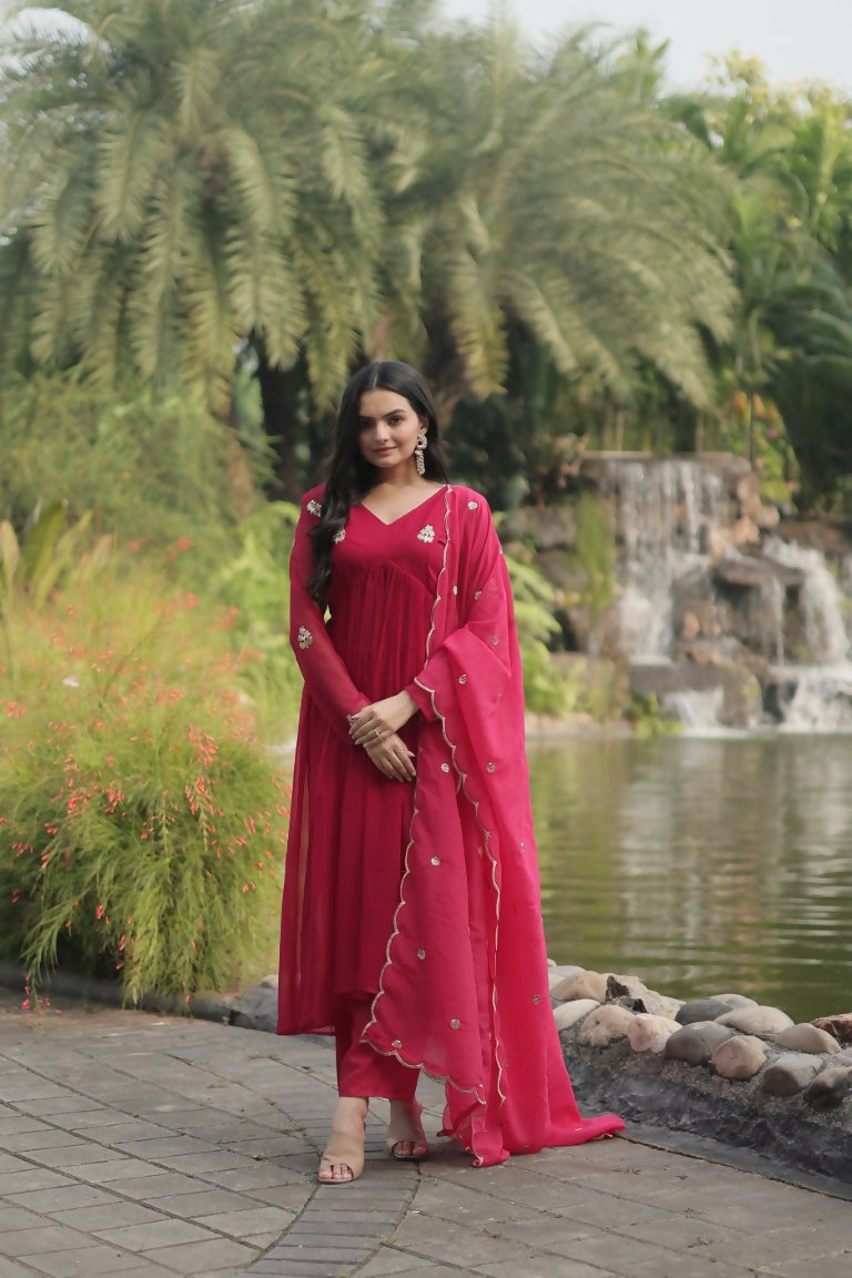 Jyoti Fashion Women's Pink Faux Blooming Embroidered Kurta with Trouser & Dupatta | Swadesiicart