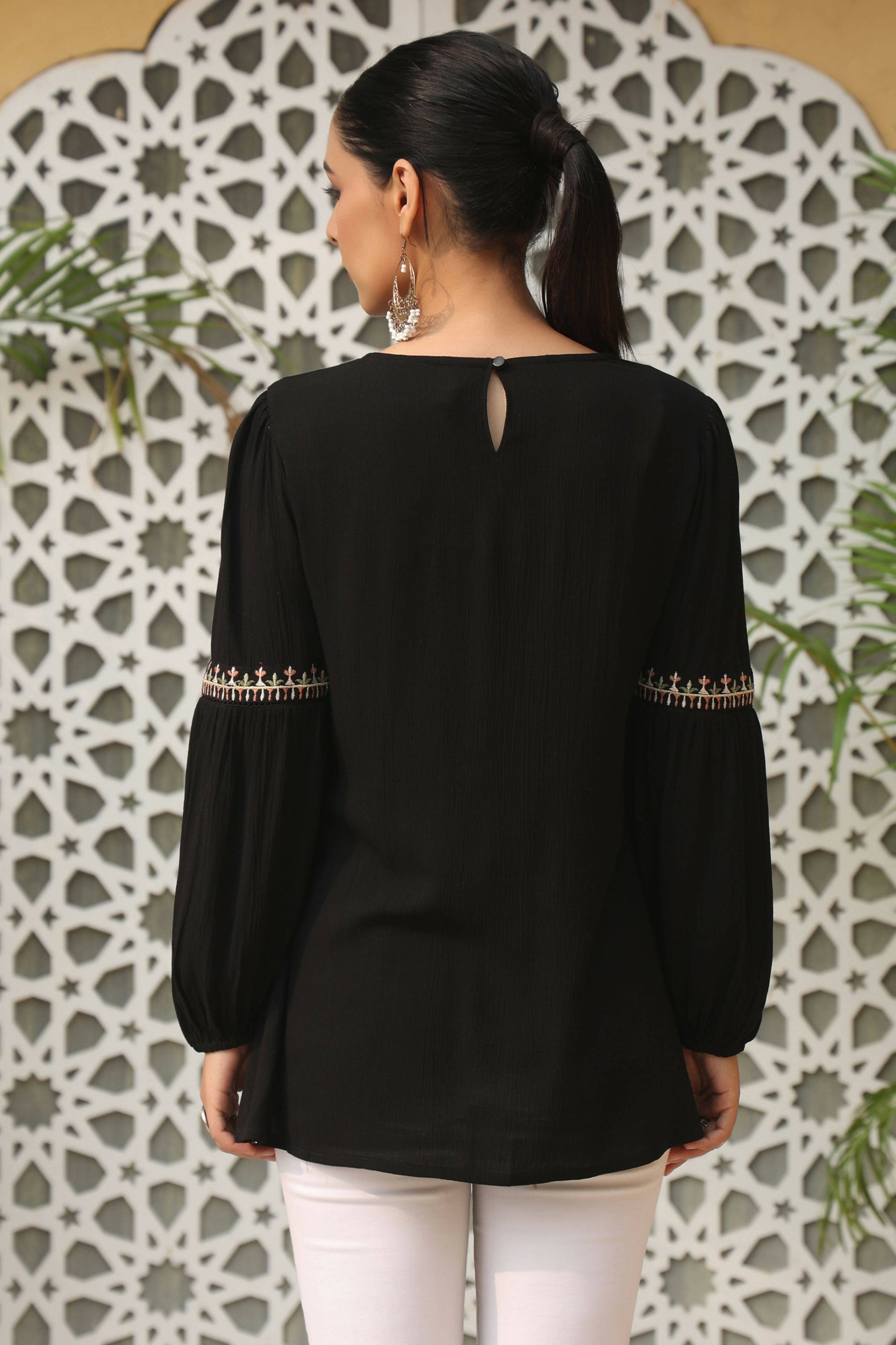 Juniper Women's Black Rayon Crepe Solid With Embroidery Straight Tunic | Swadesiicart