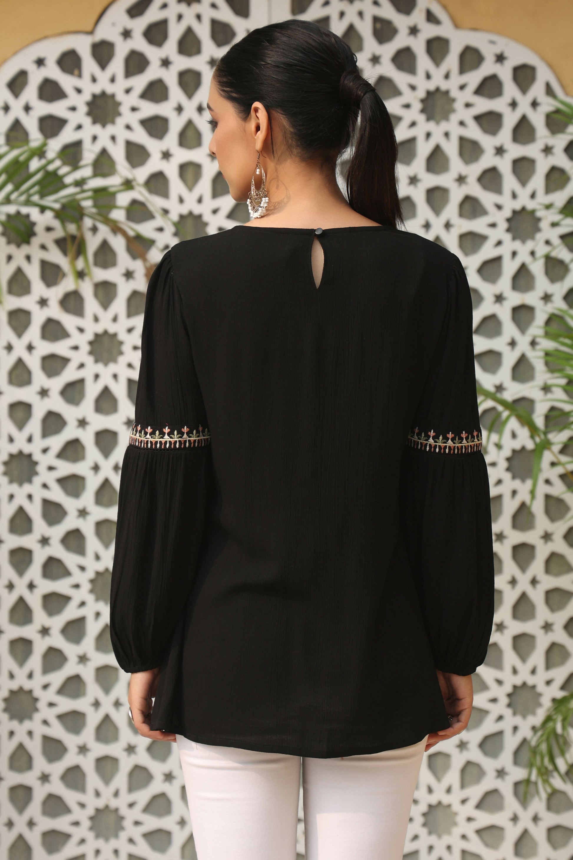 Juniper Women's Black Rayon Crepe Solid With Embroidery Straight Tunic | Swadesiicart