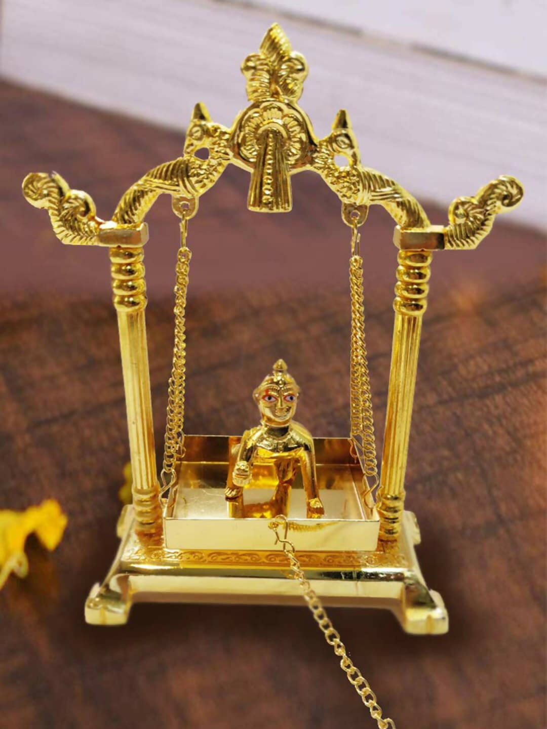 CraftVatika Gold Toned Aluminium Swing Jhula With Ladoo Gopal | Swadesiicart
