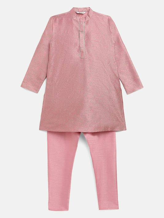 Ahalyaa Rose Gold Poly Silk Gold Print Kids Kurta Churidar Set For Boys | Swadesiicart