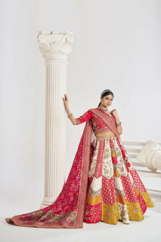 Kesar Fab White Banarasi Silk Embroidered Lehenga | Swadesiicart