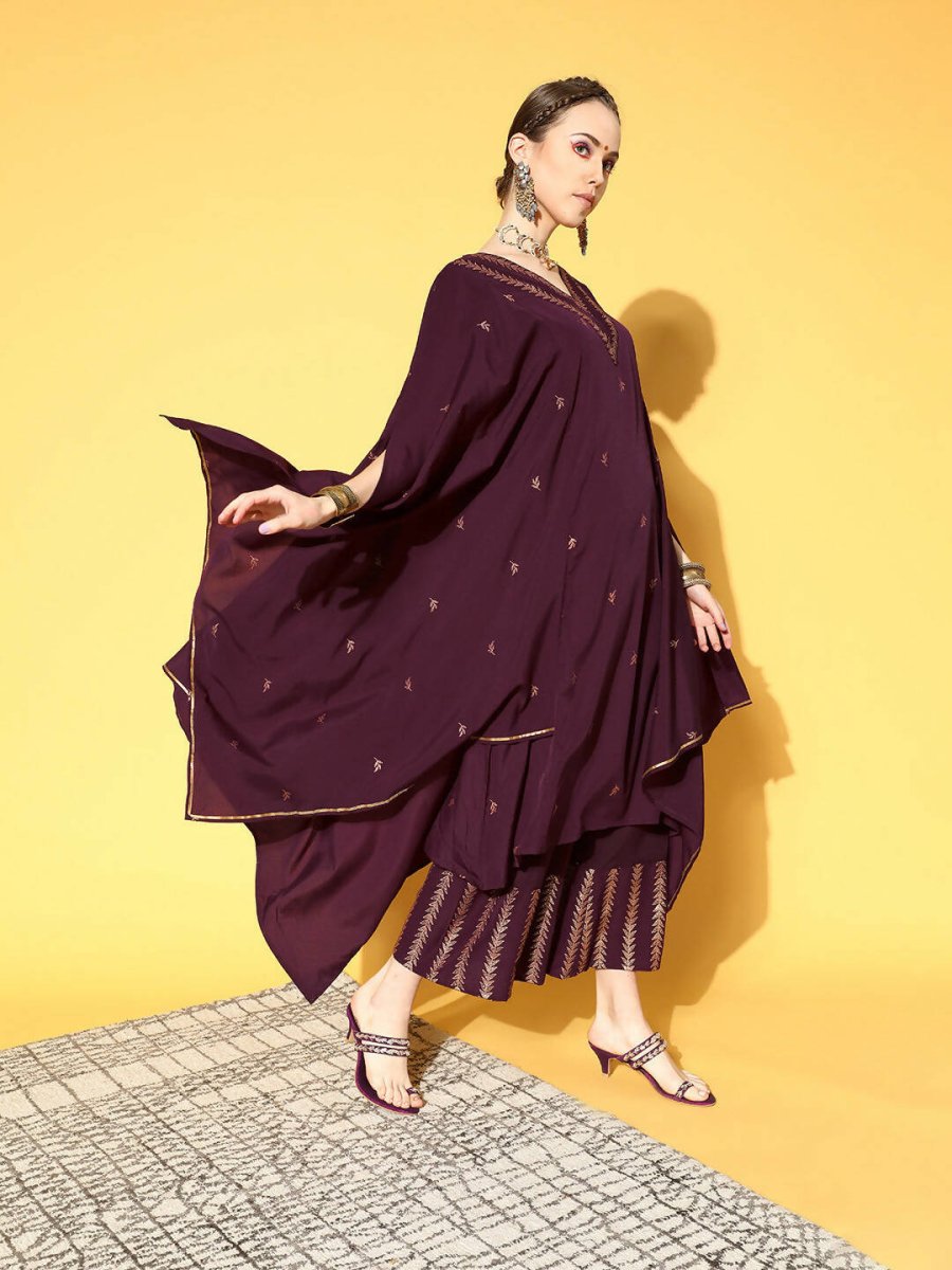 Ahalyaa Women Wine Colour Crepe Gold Glitter Print Kurta Palazzo Set | Swadesiicart