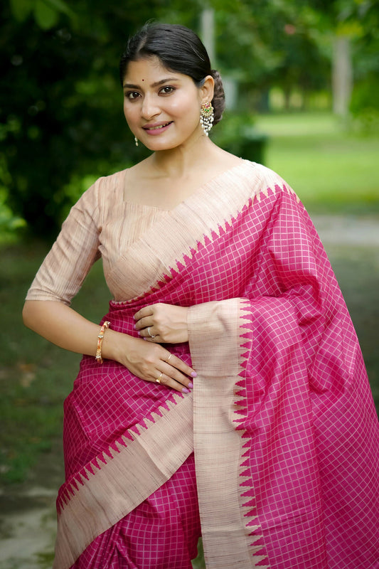 Vishnu Weaves Women's Pink Tussar Silk Woven Saree with Blouse - Swadesiicart