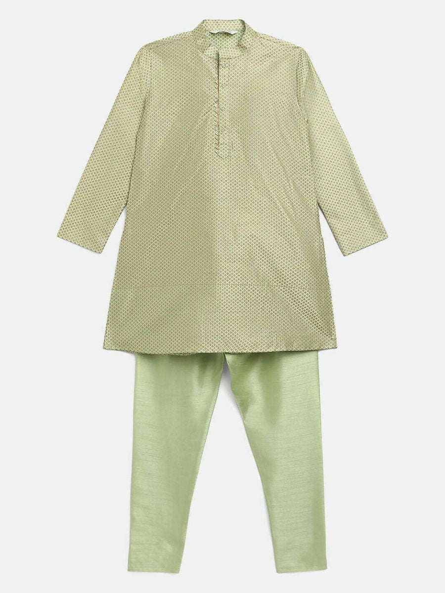 Ahalyaa Green Poly Silk Gold Print Kids Kurta Churidar Set For Boys | Swadesiicart