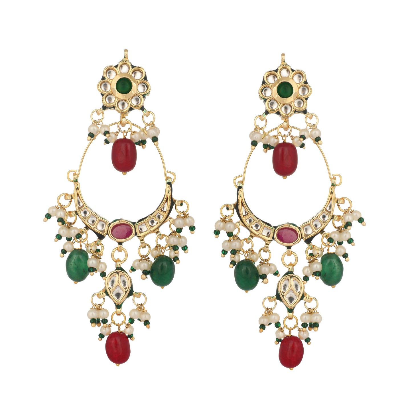 Nuyug 22K Gold Plated Crescent Kundan Drop Red Stone Chandbali Earrings | Swadesiicart