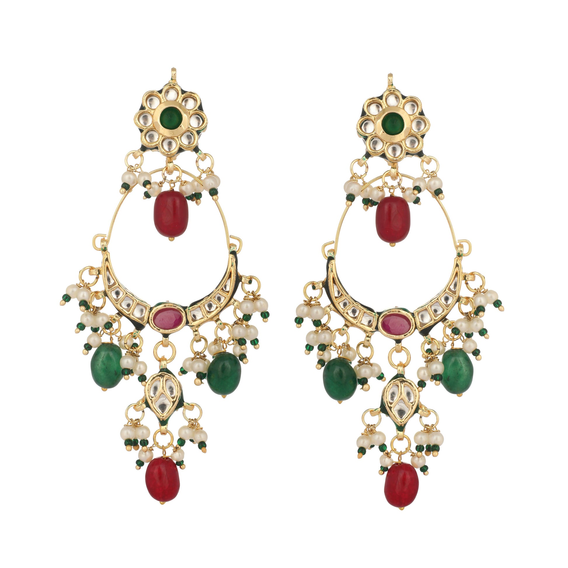 Nuyug 22K Gold Plated Crescent Kundan Drop Red Stone Chandbali Earrings | Swadesiicart