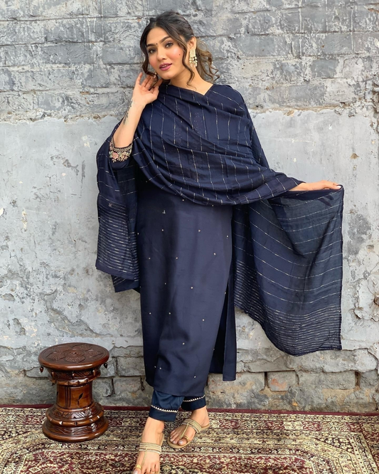The52 Blue Women's Gorgeous Embroidered Viscose Chanderi Fabric Straight Kurta Pant with Dupatta Set - Swadesiicart
