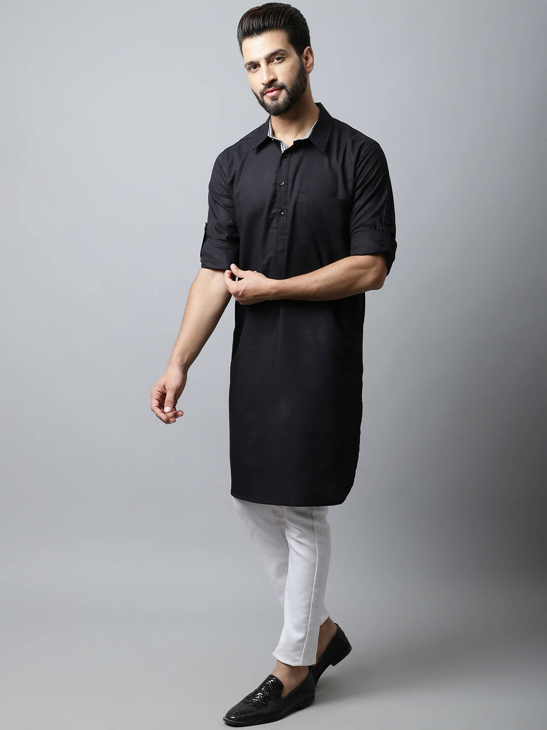 Even Apparels Black Color Linen Solid Men's Kurta With Shirt Collar (LN761) | Swadesiicart