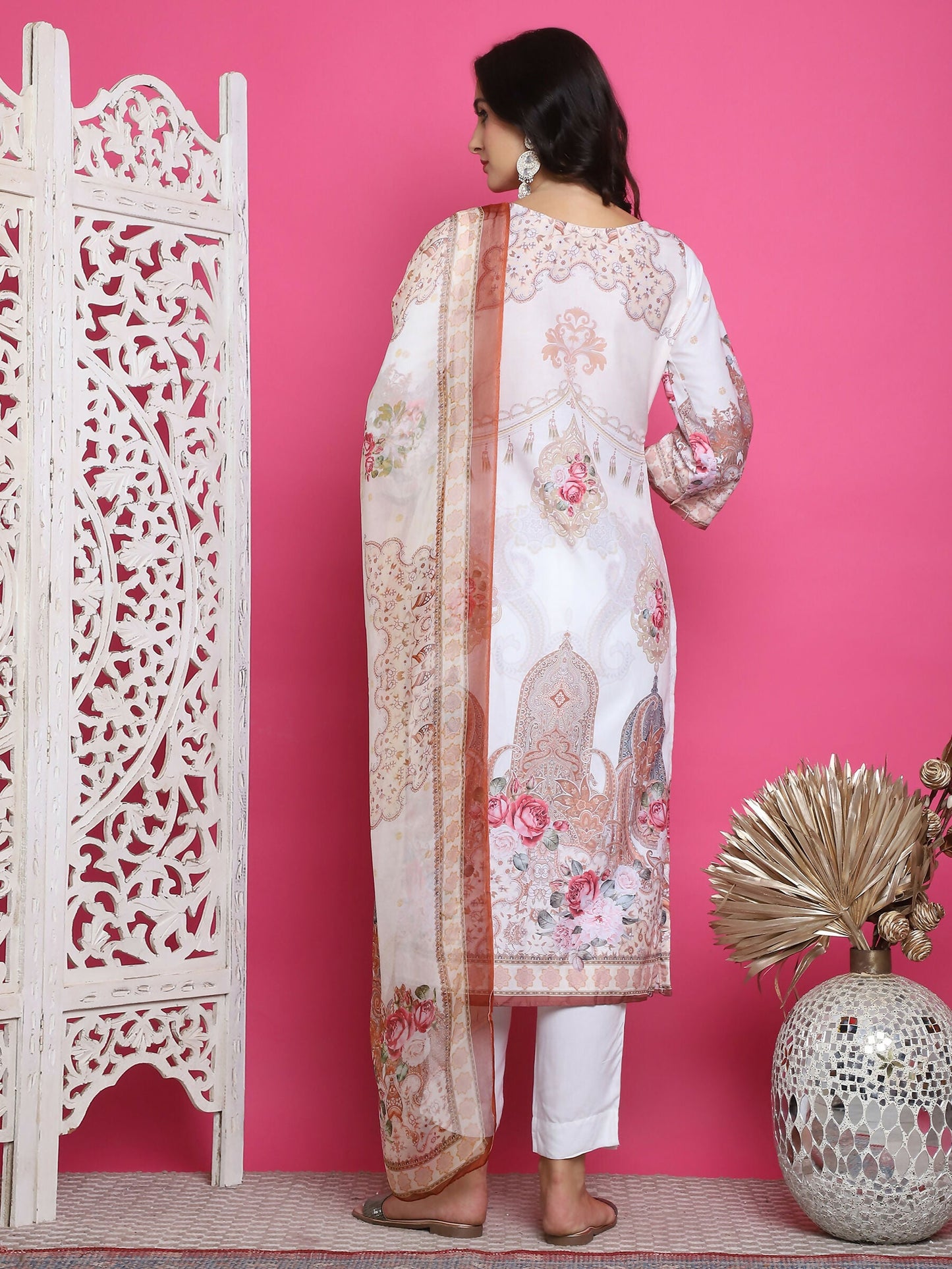 Jyoti Fashion Women's Cream Satin Traditional Digital Print with Crystal work Kurta with Trouser & Dupatta | Swadesiicart