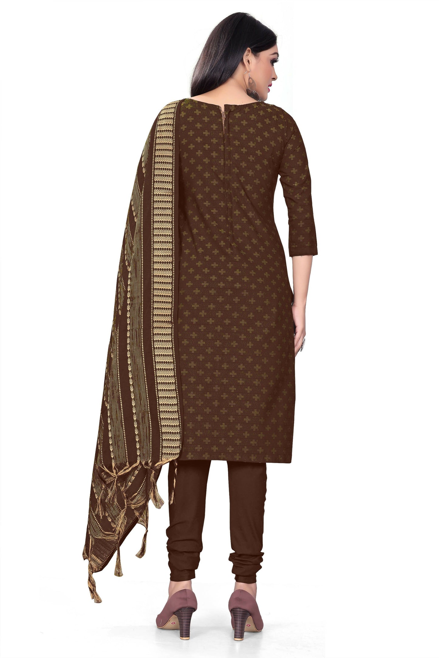 Brown Cotton Jacquard Woven Unstitched Dress Material - Amara