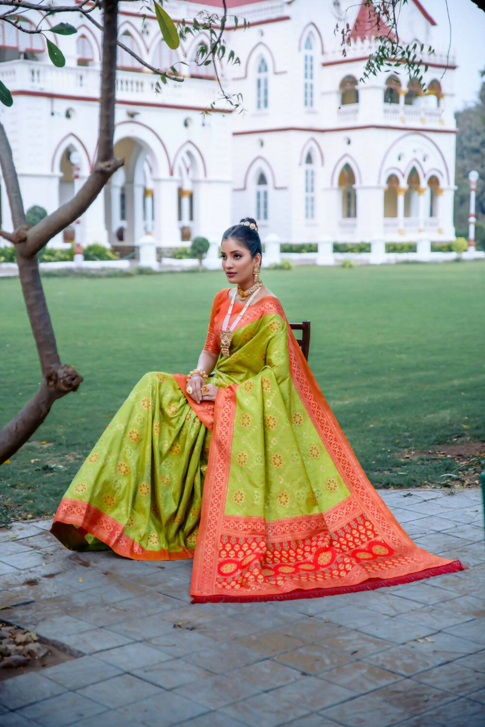 Vishnu Weaves Women's Lime Green Patola Banarasi Silk Meenakari Zari Woven Saree with Blouse - Swadesiicart