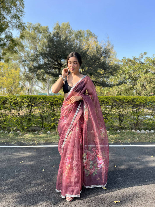 Vamsee Sia Maroon Organza Saree - Swadesiicart