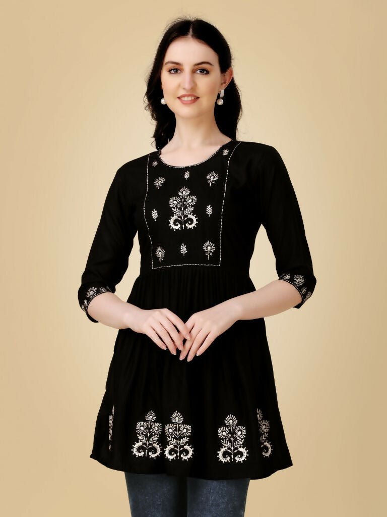 Jyoti Fashion Women's Black Viscose Rayon Embroidered Casual Top | Swadesiicart