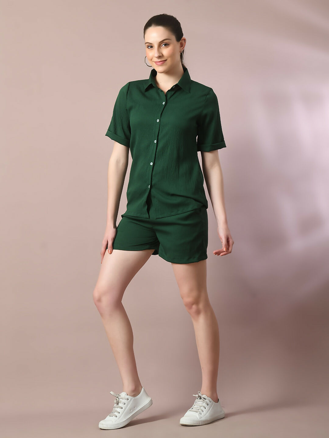 Myshka Women's Green Solid Shirt Collar Party Shirt With Shorts Co-ord set - Swadesiicart