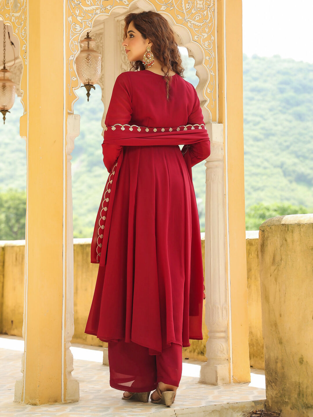 Janasya Maroon Georgette Embroidered Kurta,Bottom & Dupatta | Swadesiicart