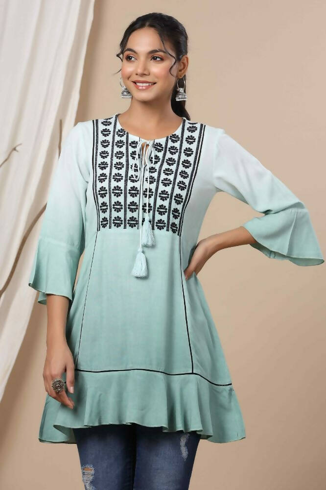 Juniper Sage Green Rayon Festive Embroidered Tiered Tunic For Women | Swadesiicart