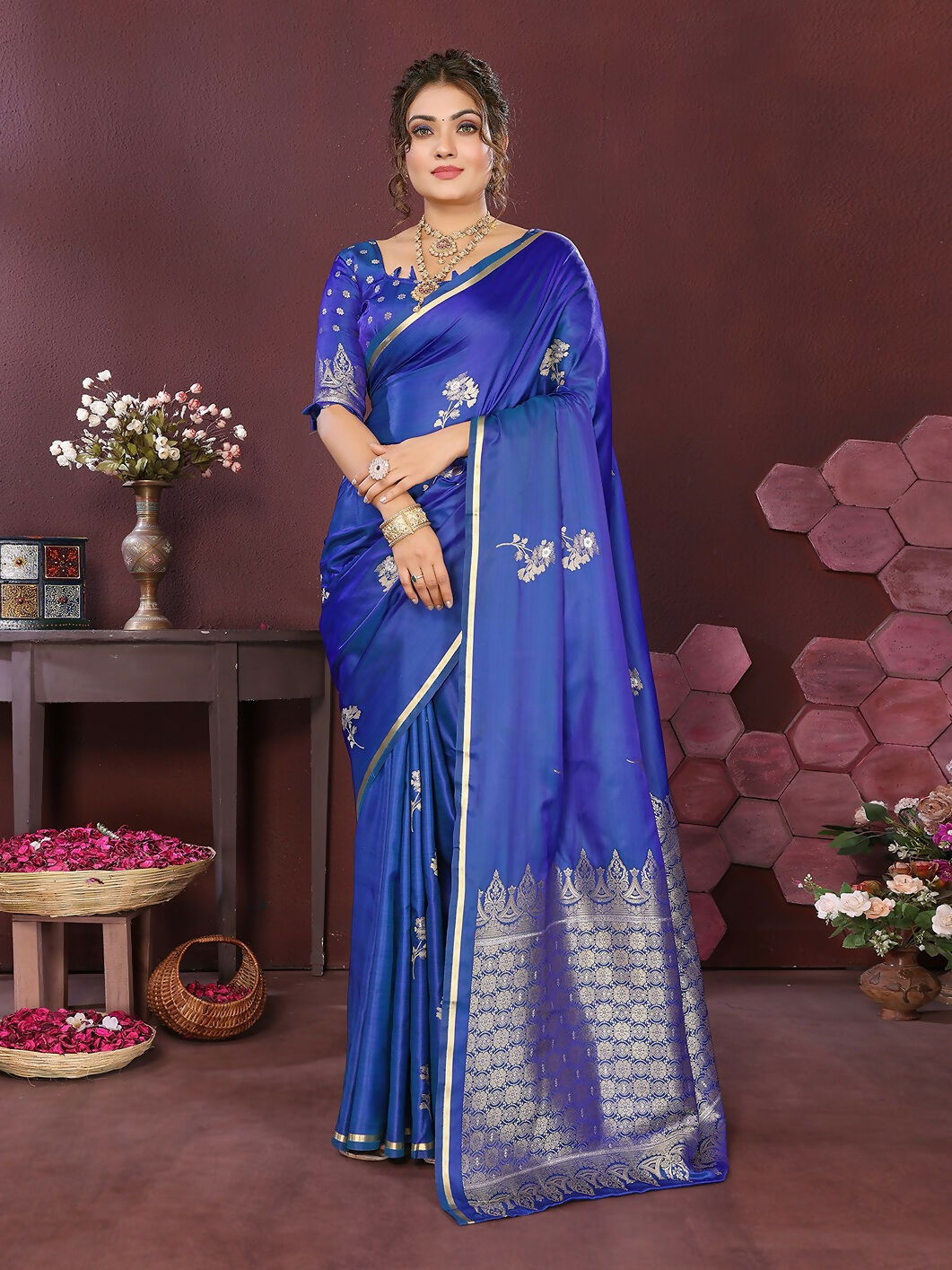 Joban Fashion Blue Floral Banarasi Silk Sarees | Swadesiicart